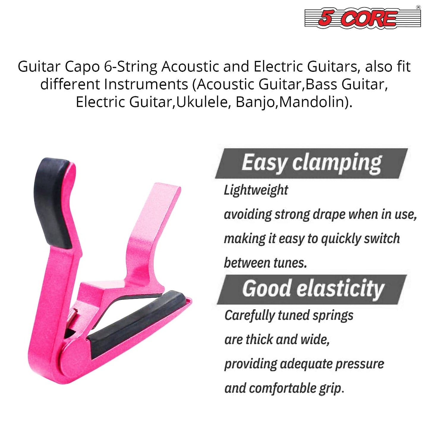 Guitar Accessories 5 Core 2Pc Capo Acoustic Fret Electric Clip Guitar String Instrument Clamp Neck CAPO PNK 2 Pcs Breakthrough-Guitar-Gifts